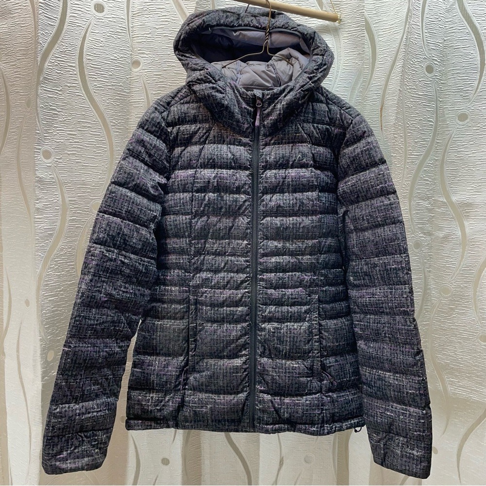 Paradox Puffer Jacket Hooded Quilted Charcoal‎ Purple Plaid Print Womens M